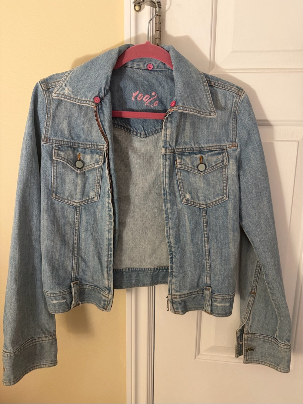 Zara Light Blue Cropped Denim Jacket with Pink Trim